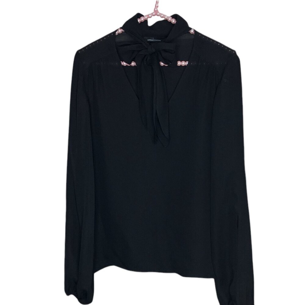 Vintage 90s 00s Y2K Moda International Victoria's Secret S Black Silk‎ Bow Top